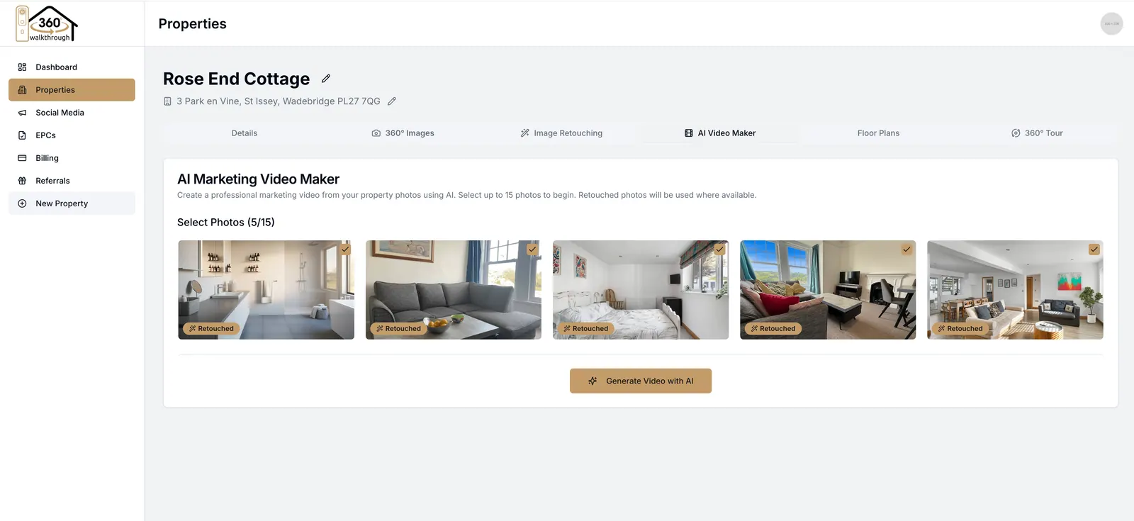 Choosing photos for an AI property video in 360 Gurus